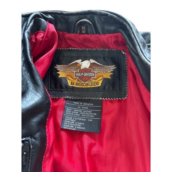 Harley Davidson Vintage Leather Moto Jacket M w/ Embroidery & Red Lining - Picture 3 of 4
